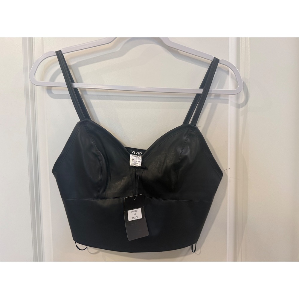 Vivid Womens Faux Leather Bustier Crop‎ Top Black PU6820 Sleeveless Sweetheart M